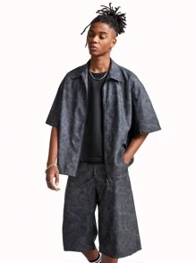 Manfinity VCAY Men's Stretchy Vintage PU Leather Loose Fit Short Sleeve Shirt Set - Black - View 1