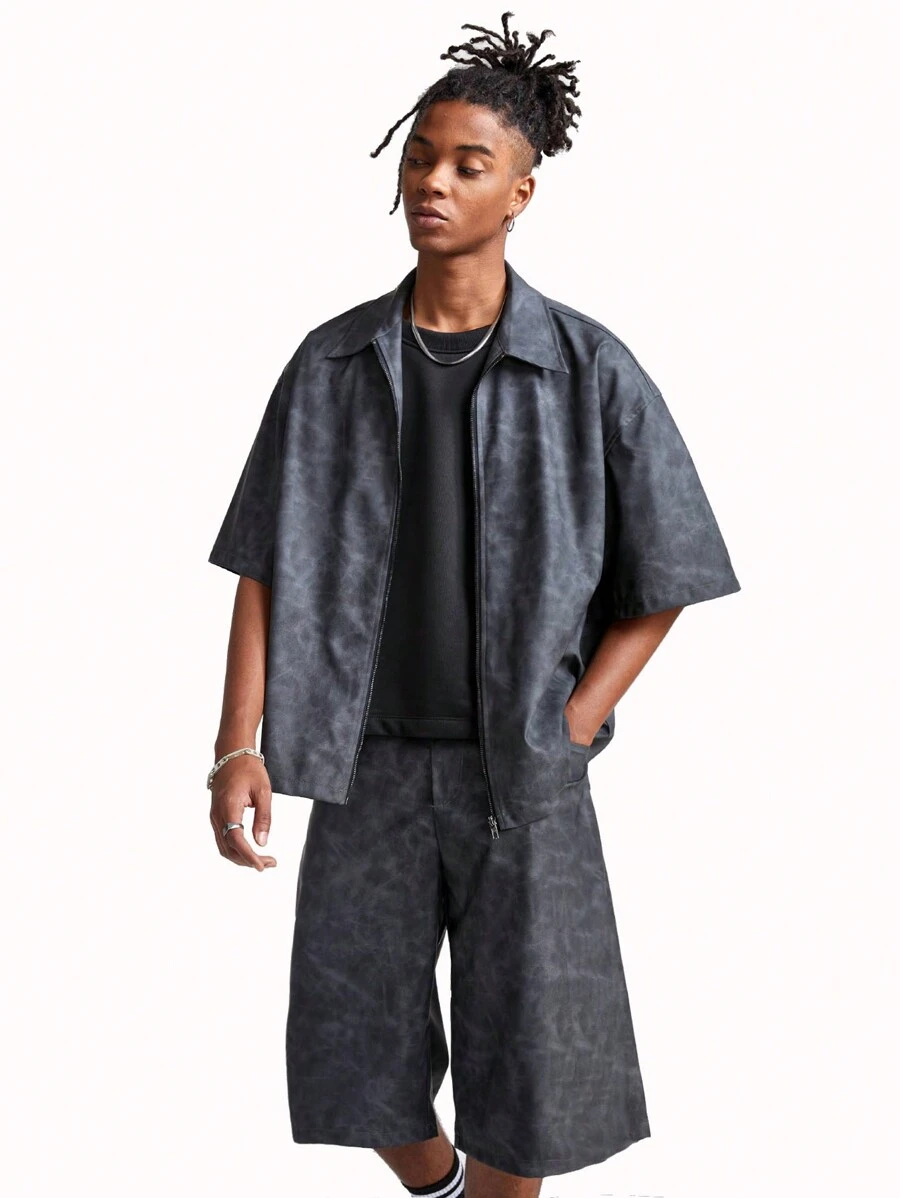 Manfinity VCAY Men's Stretchy Vintage PU Leather Loose Fit Short Sleeve Shirt Set - Black - View 1