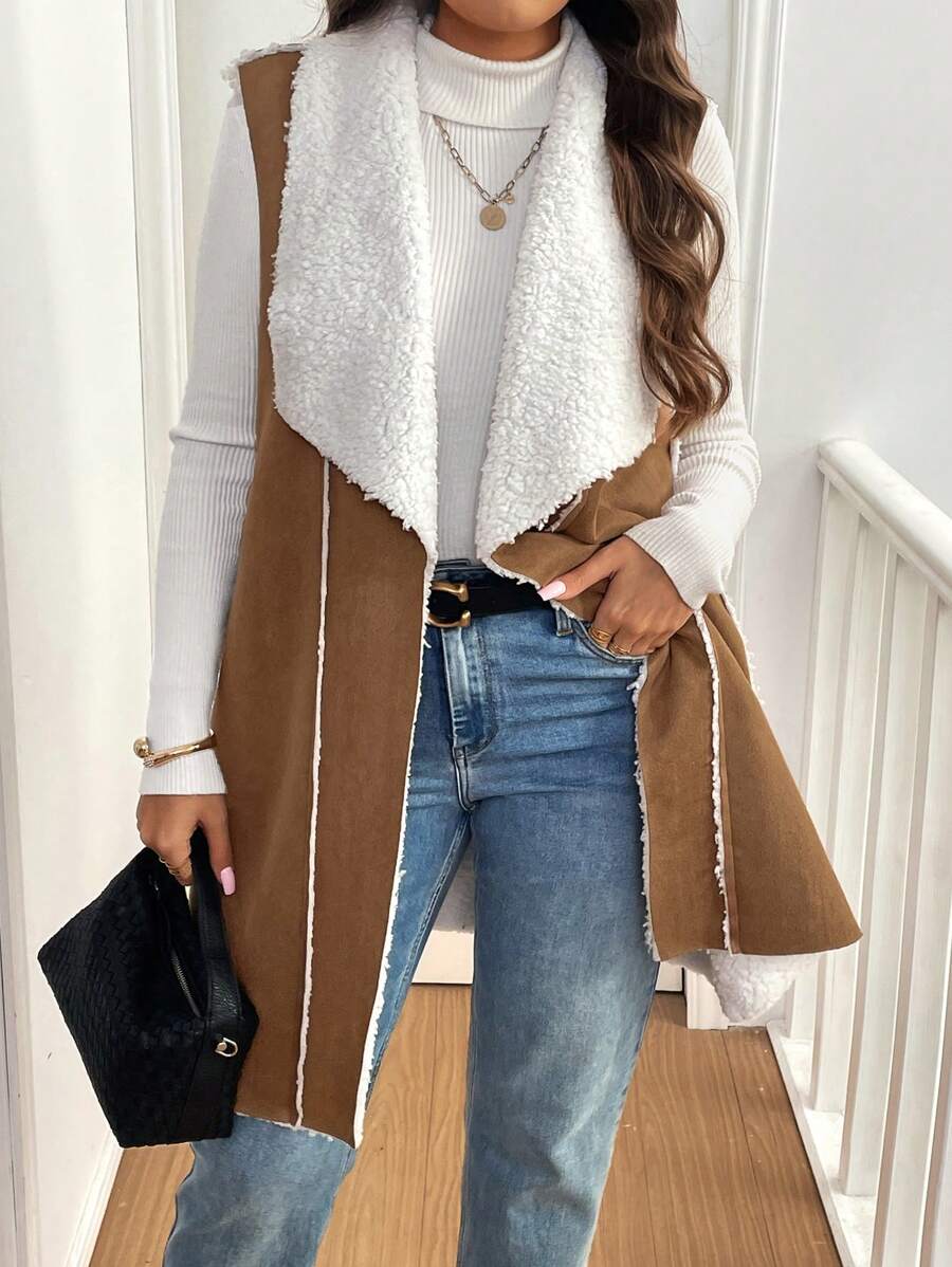 Flirla Plus Size Retro Fuzzy Suede Fur Sleeveless Vest Jacket, Autumn/Winter - Brown - View 1