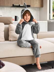 Young Boy Pajamas - 1pc Comfy & Warm Gray Minimalist Shark Pattern Hooded Jumpsuit (Daddy And Me Matching Outfits - Sold Separately) - Grey - View 6