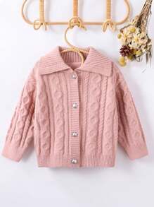 Girls Casual Versatile Retro Elegant Pink Cable Knit Design Warm V-Neck Button-Up Cardigan, Suitable For Daily Wear In Fall/Winter - Pink - View 1