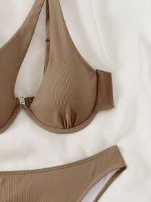 SHEIN Swim Summer Beach Rib-Knit Ruched One Shoulder Underwire Bra & Swim Bottom Bikini Bathing Suit - Mocha Brown - View 5