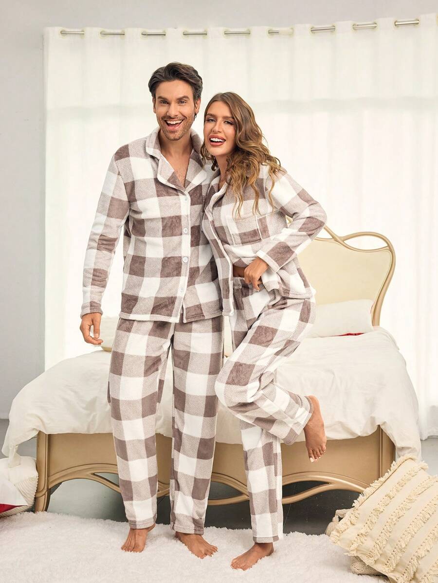 SHEIN 2pcs Men Khaki Simple Plaid Long Sleeve Shirt & Pants Soft Fleece Loungewear Set, Fall Winter Clothes, Fluffy Cozy - Khaki - View 1