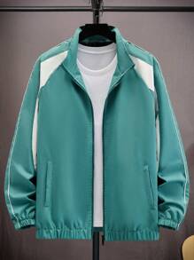 Manfinity Homme Chaqueta informal para hombre con cremallera al frente, de manga larga y diseño de bloques de color para deportes al aire libre - Verde - Ver 3