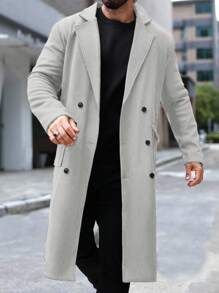 Manfinity Mode 男士纯色翻领双排扣宽松休闲针织外套，冬季 - 淺灰色 - 查看 7