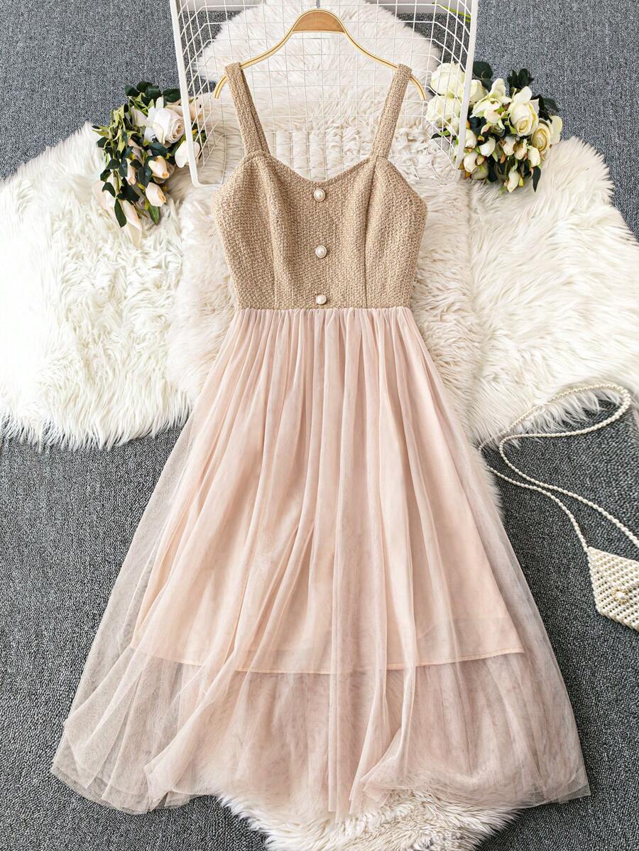 SHEIN Unity Plus Size Elegant Mesh Contrast Spaghetti Strap Dress, Summer - Apricot - View 1