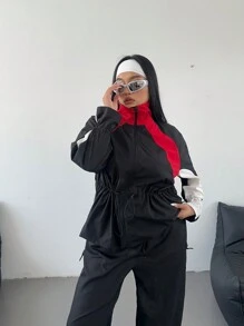 Flirla Chaqueta informal con contraste de color, cintura con cordón, talla grande, otoño