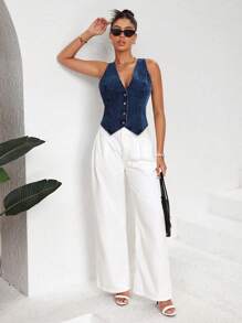 SHEIN Essnce 女式春夏单排扣 V 领休闲牛仔夹克 - 深色水洗藍 - 查看 3