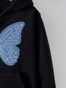 SHEIN Young Girl Lightweight Zipper Closure Knit Butterfly Pattern Hooded Jacket, Casual Style For Fall & Winter - Black - View 4
