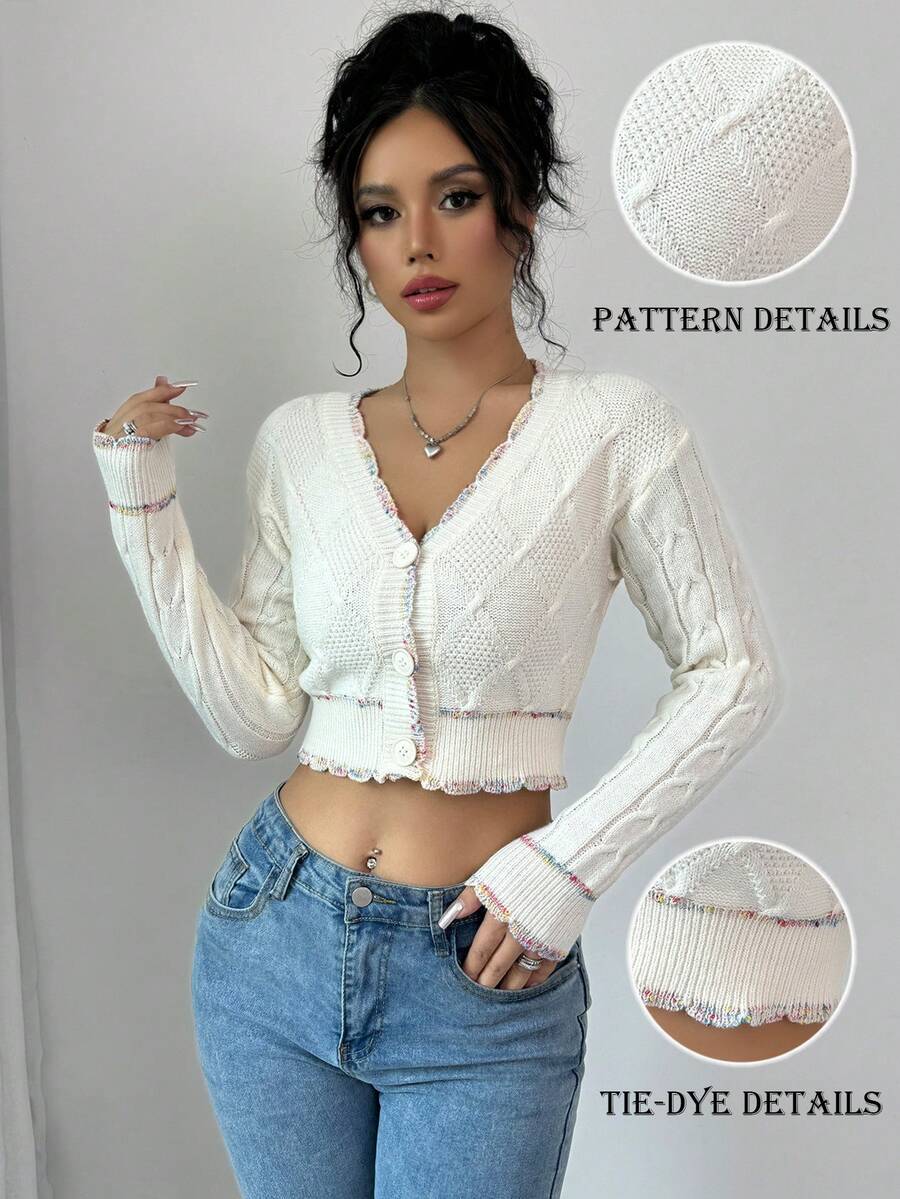 SHEIN Essnce 女士 V 领长袖短款优雅开衫，秋冬 - 米色 - 查看 1