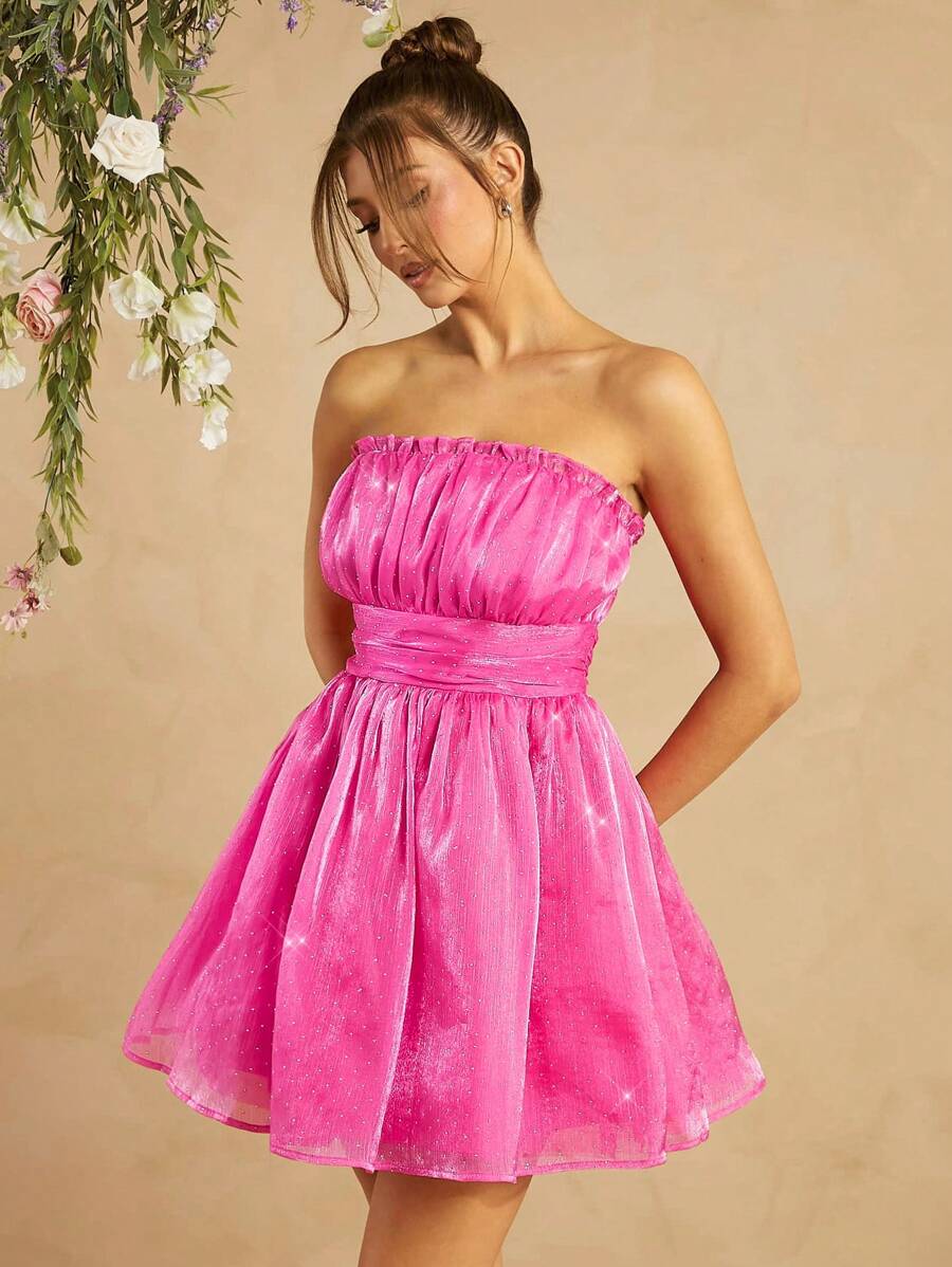 L'Amorae Strapless Dress With Ruched Bust - Hot Pink - View 1