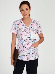 TaskEZ 女士 - 扎染甜心 V 领手术服上衣，女士短袖 V 领护士制服，带 2 个口袋 T 恤手术服上衣短袖口袋休闲制服上衣 - 彩色 - 查看 1