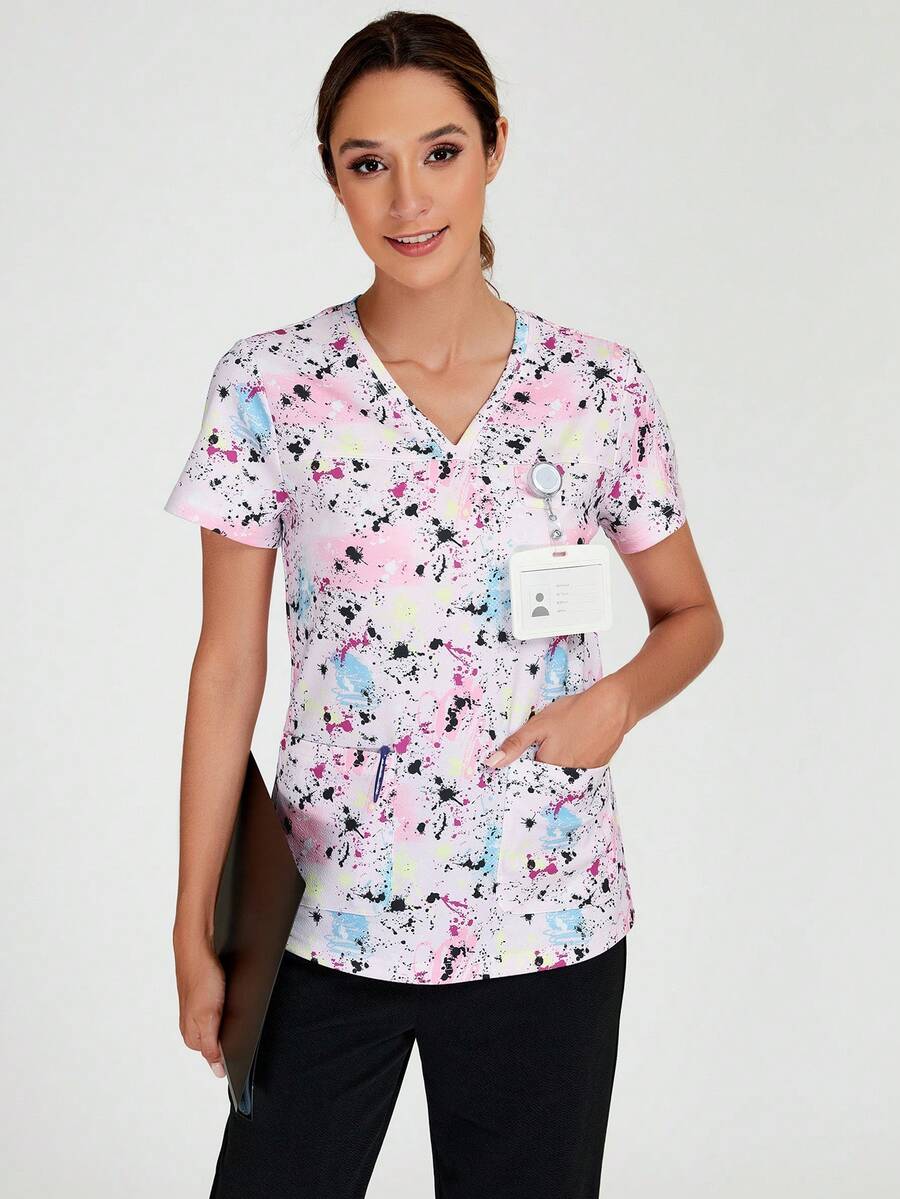 TaskEZ 女士 - 扎染甜心 V 领手术服上衣，女士短袖 V 领护士制服，带 2 个口袋 T 恤手术服上衣短袖口袋休闲制服上衣 - 彩色 - 查看 1