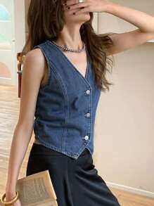 DAZY 女士修身牛仔短款上衣 - 中等水洗藍 - 查看 4