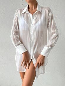 SHEIN Swim 条纹雪纺宽松长袖衬衫领设计度假女士罩衫夏季 - 白色 - 查看 4