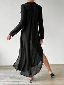 Váy che phủ bãi biển nghỉ dưỡng tối giản cổ chữ V dài thoải mái - màu đen - Xem 2