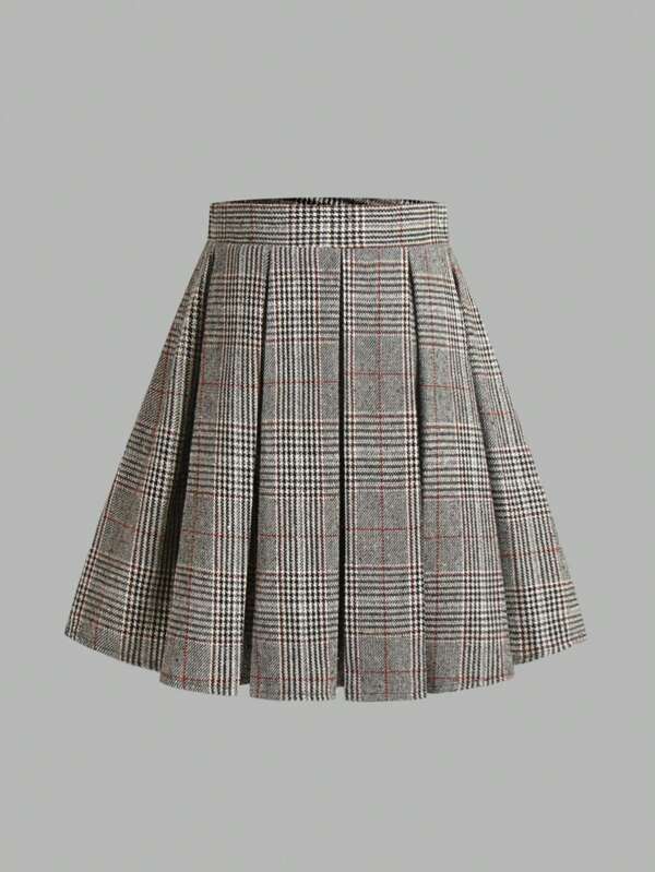 EARO 法式复古女士休闲简约舒适日常百搭千鸟格褶裥短款优雅高弹力精致性感优雅宽松A字裙，秋冬春季