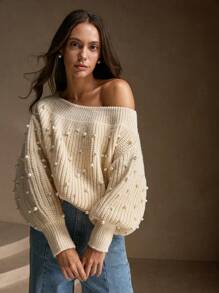 Anewsta Women's Elegant Handmade Beaded Shoulder Lantern Sleeve Sweater, Autumn/Winter