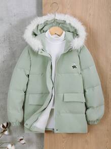 Abrigo informal acolchado con capucha, cremallera delantera y estampado de manga larga para niños preadolescentes