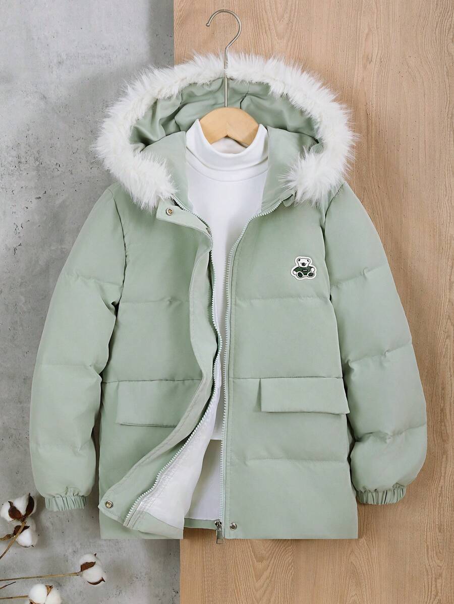 Abrigo informal acolchado con capucha, cremallera delantera y estampado de manga larga para niños preadolescentes