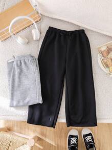 SHEIN 2 件套年轻女孩纯色针织宽松休闲阔腿运动裤