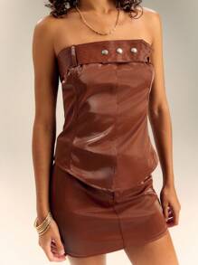 SHEIN Unity Áo Bandeau dài có chi tiết thắt lưng PU chắc chắn, viền cong - màu nâu - Xem 5