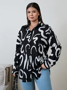 RueChic 大码女式图案印花纽扣前襟衬衫 - 黑色 - 查看 5