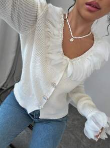 Chiquease Women's Autumn/Winter Patchwork Ruffle Trim Elegant Cardigan - Beige - View 4