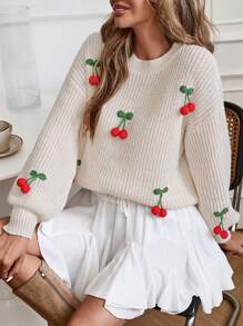 Chiquease Áo len chui đầu thêu tay 3D hình quả anh đào dành cho nữ - Màu be - Xem 4