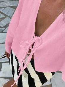 INAWLY 女士纯色扭纹前长袖休闲衬衫，女士休闲结饰长袖衬衫领宽松常规粉色落肩上衣女士衬衫，春/秋，休闲日常穿着 - 粉色 - 查看 4