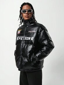 SHEIN Teen Boy Letter Print Stand Collar Padded Coat - Black - View 1