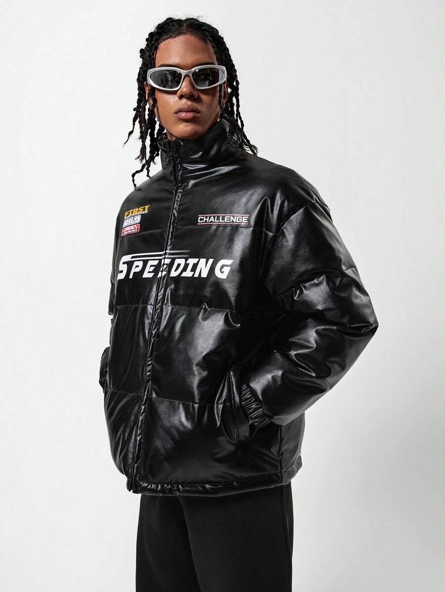 SHEIN Teen Boy Letter Print Stand Collar Padded Coat - Black - View 1