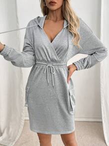 SHEIN LUNE Damen lässiger Jumpsuit Kleid mit Kordelzug Kapuze für Frühling & Herbst