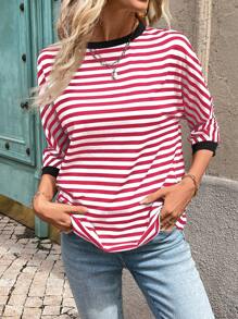 SHEIN LUNE Czarno-biała, w paski, patchworkowa, pomarańczowa, swobodna, uliczna koszulka z długim rękawem dla kobiet - Czerwony - Zobacz 3