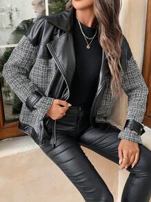 SHEIN LUNE Áo khoác Biker dáng rộng dành cho nữ có chi tiết chắp vá bằng vải tuýt, khóa kéo, thu đông - Đen và trắng - Xem 7