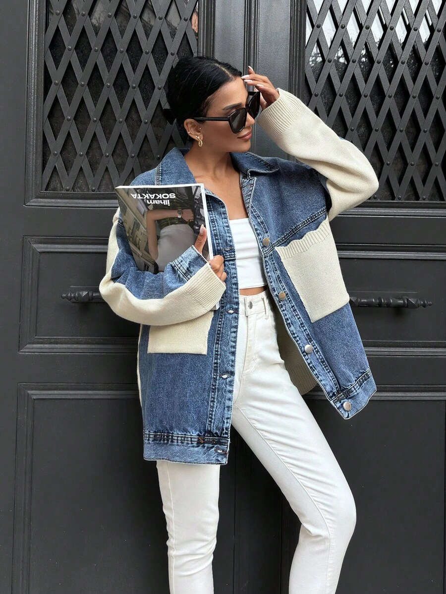 RueChic Denim Jacket With Knitwear Detail Outwear Fall Winter - Apricot - View 1