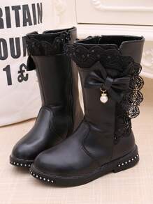 女童过膝靴2023新款可爱蝴蝶结设计保暖内衬儿童长靴幼儿和小女孩雪地靴 - 黑色 - 查看 2