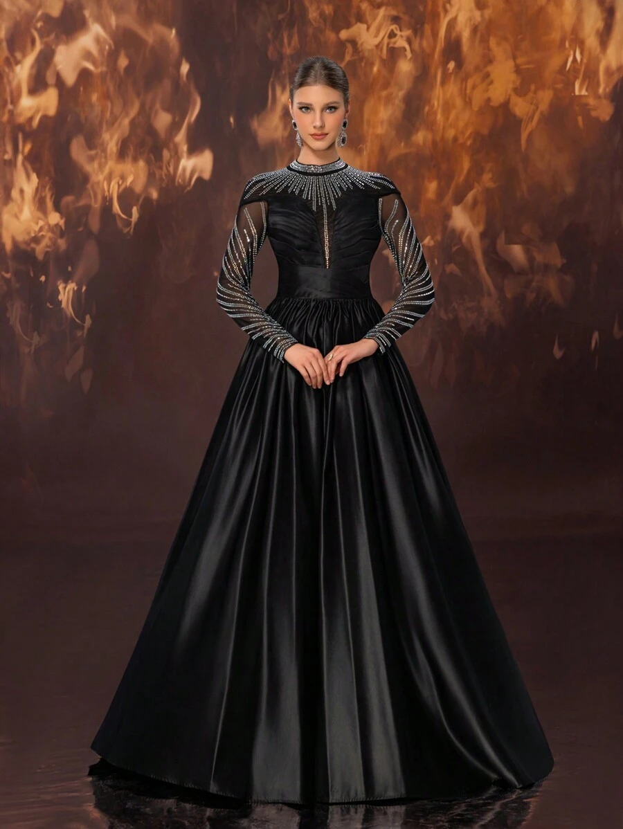 Elisanya 女士优雅网眼亮片缀饰缎领派对礼服,黑色长袖正式晚会舞会礼服,适合婚礼嘉宾、毕业典礼、晚宴 - 黑色 - 查看 1