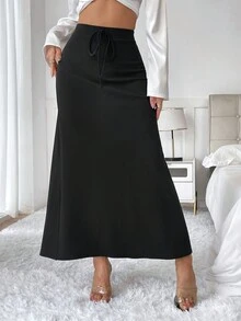 SHEIN Essnce Falda larga negra básica, elástica en la cintura, versátil, cómoda y holgada para mujeres de talla grande, otoño e invierno, prendas de mujer para otoño, falda negra, fiesta de graduación, ropa de profesora, fondo para mujer curvy, falda para salir, faldas de otoño - Negro - Ver 6