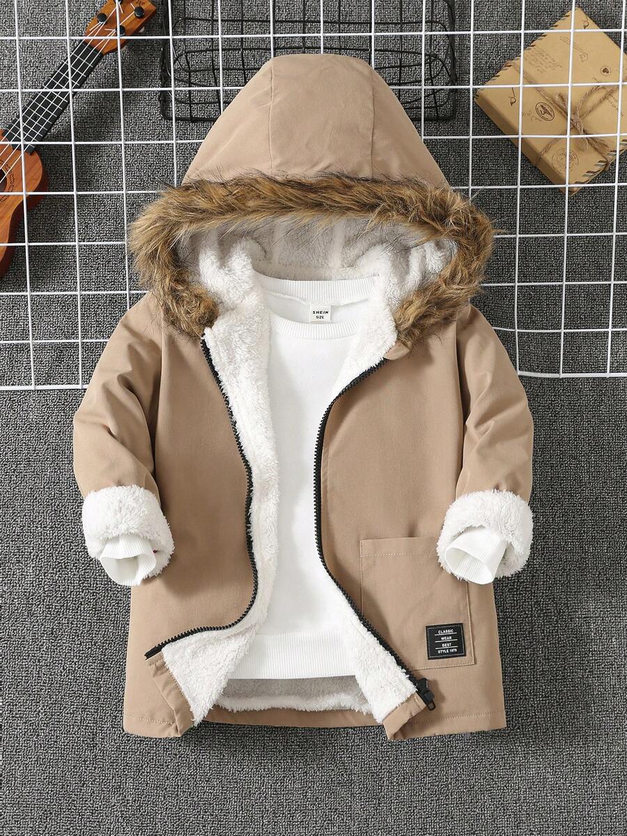 1件年輕男孩日常穿著、學校、旅行和運動秋冬季時尚舒適連帽夾克,內裡加厚,保暖效果佳 - 杏色 - 查看 1