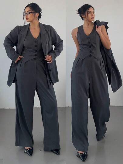 Flirla 3pcs/Set Plus Size Long Sleeve Blazer, V-Neck Vest And Straight Pants Commuter Outfit In Deep Gray Fall Cloth For Women Autumn