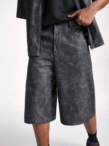 Manfinity VCAY Men's Stretchy Vintage PU Leather Loose Fit Short Sleeve Shirt Set - Black - View 4