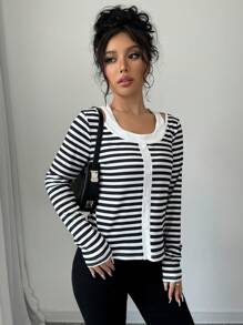 Chiquease Women's Long Sleeve Button-Design Casual Striped T-Shirt, Spring And Autumn