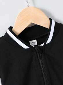 Young Boys Wool-Blend Zip-Up Hooded Jacket, With Contrast Ribbing On Collar, Cuffs And Hem, Graphic Letter Print On Back, And Colorblocked Sleeves, Warm And Fashionable For Outdoor, School Or Daily Wear In Spring, Autumn And Winter, Including Air Conditioned Rooms
