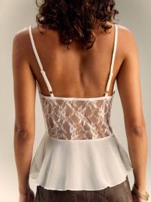 SHEIN Unity 蕾丝镶板雪纺荷叶边下摆吊带背心
