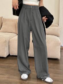 DAZY Women's Striped Loose Straight Leg Pants, Business Casual, Gray, All Season,Women Dress Pants - Grey - View 4