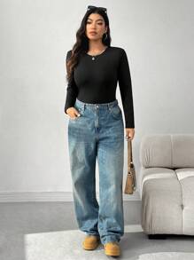 CovetEZ Bộ đồ liền thân cổ tròn tay dài màu trơn cỡ lớn dành cho nữ, mùa thu và đông - màu đen - Xem 4