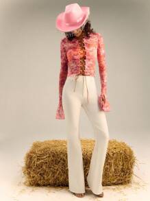 SHEIN Unity Double Belt Loop Detail Fitted Flared Trousers - White - View 3