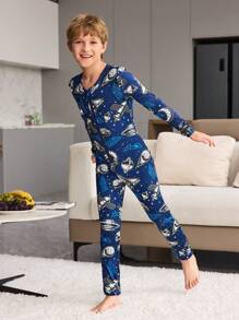 Tween Boy Luminous Starry Sky Print Snug Fit Pyjama Jumpsuit Vrijetijdskleding, Zwart, Lange Mouw