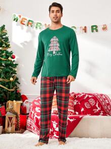 Manfinity Christmas Pattern Plaid Christmas Tree Print Long Sleeve Pajama Set For Men - Green - View 7